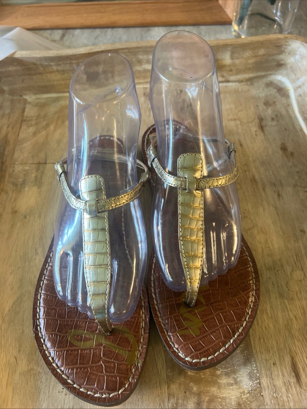 Sam Edelman Gigi Gold and Brown Croc-Embossed Thong Sandals